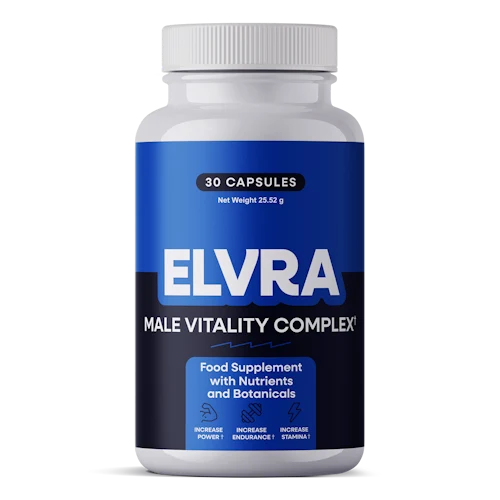 Elvra bottle with 30 capsules, Male Vitality Complex label